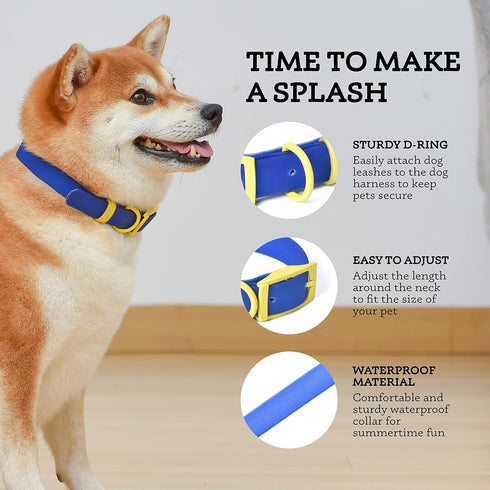 Wags & Wiggles Waterproof PVS Collar Navy- Medium | Medium Blue and Yellow Dog Collar for Pool or Lake, Waterproof | PVC Durable Dog Collar for Po...