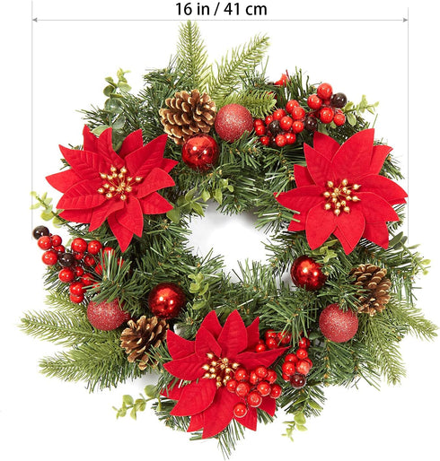 Adeeing 16 Inch Christmas Wreath, Outdoor Christmas Wreath with Red Artificial Poinsettia Flowers Ball Ornaments Pine Cones Berries for Door Wall ...