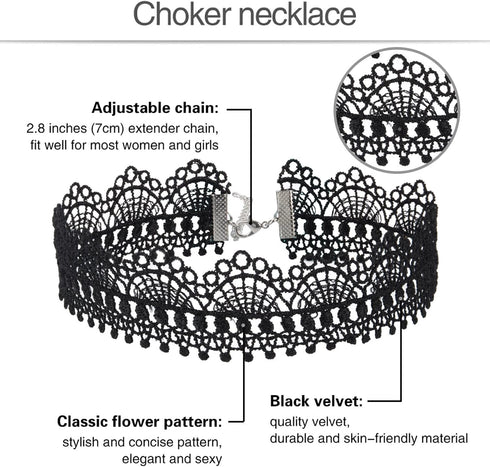 Mudder Choker Necklace Black Choker Lace Choker Gothic Necklace for Women Girls, Black, 6 Pieces...