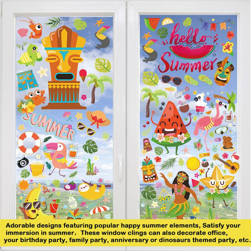 Summer Window Clings 9 Sheets Double Sided Pattern Window Decorations for Summer Hawaiian Tropical Home Office Refrigerator Glass Window Party Sup...