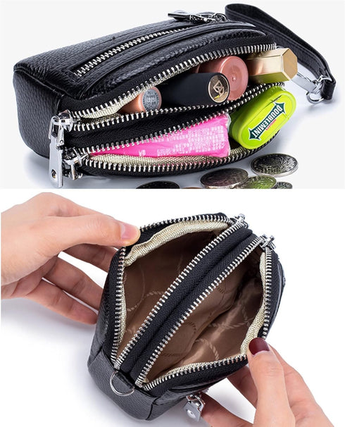 Genuine Leather Mini Wristlet Wallet for Women, 3 Zipped Coin Purse Small Pouch with Wristlet Strap (Black)...