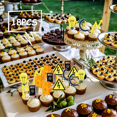 18pcs Gold Glitter Tools Dessert Cupcake Topper Power Electrician Lineman Theme Decor Supplies Boy Man Happy Birthday Party Decorations...