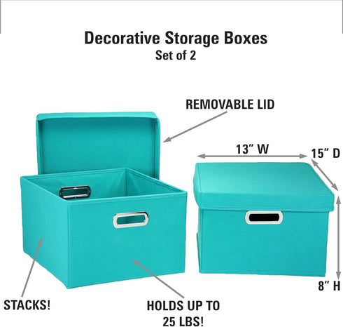 Household Essentials Fabric Storage Boxes with Lids and Handles, Aqua...