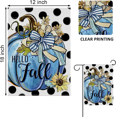 Hello Fall Teal Blue Pumpkin Decorative Garden Flag, Autumn Polka Dots Farmhouse Yard Outside Decorations, Thanksgiving Seasonal Blue Burlap Outdo...