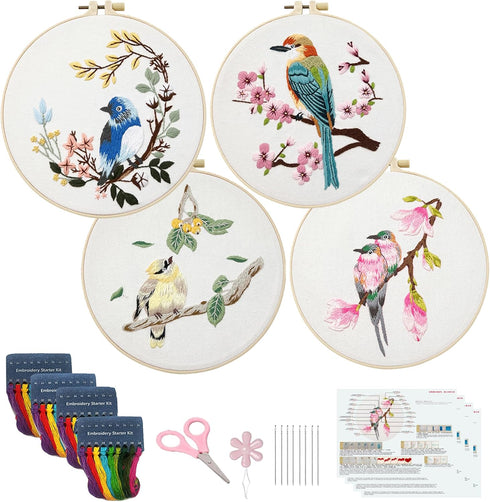 Phylisn 4 Sets Embroidery Kit for Beginners Adults,Needlepoint Starter DIY Kits with Patterns,Hoop,Color Threads,Tools,Easy Learn to Embroider wit...