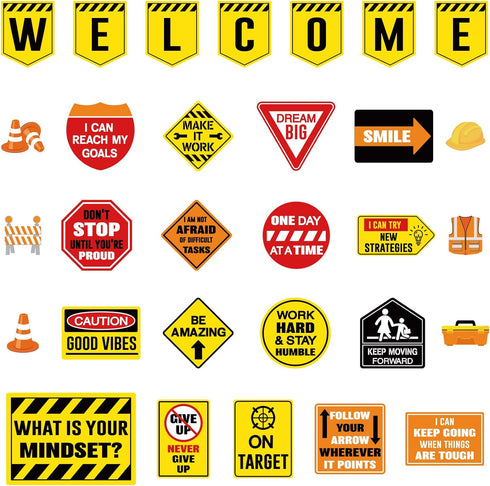 Zonon 36 Pcs Construction Bulletin Board Decorations Welcome Classroom Sign Positive Poster Banner Motivational Sign Cutouts for Pre School Elemen...