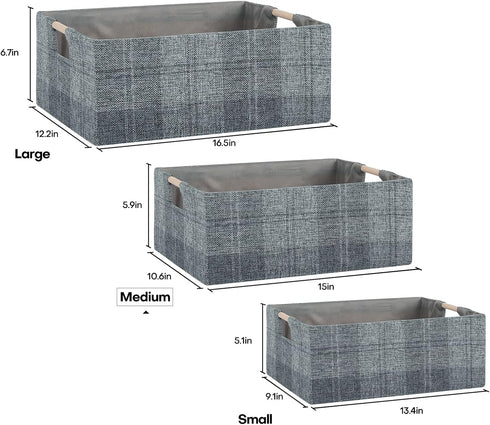 Fabric Storage Bin Box Collapsible Cotton Linen Storage Cube with Wooden Handles Rectangular Decorative Home Organizer Clothes Blanket Basket– Dar...