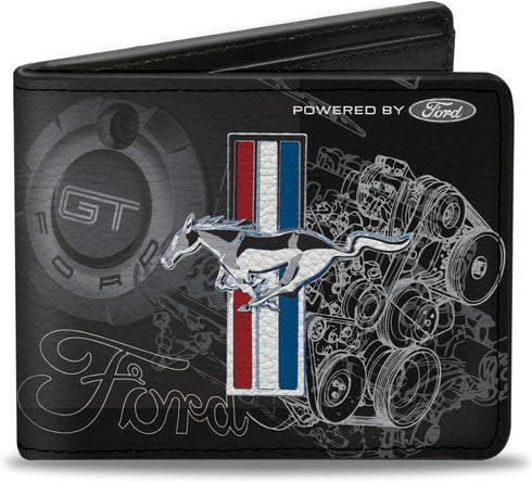 Buckle-Down Men's PU Bifold Wallet-Mustang Tri-Bar Stripe/GT Motor Blueprint, Multicolor, 4.0" x 3.5"...