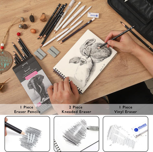 Drawing Sketching Pencil Set - 22 Piece Graphite Pencils, White Gel Pen, White Charcoal Pencils, Eraser Pencils, Erasers, Blending Stumps for Draw...