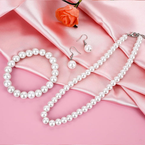Faux Pearl Jewelry Set Simulated Pearl Necklace Bracelet Earrings for Women Birthday Christmas Gift...