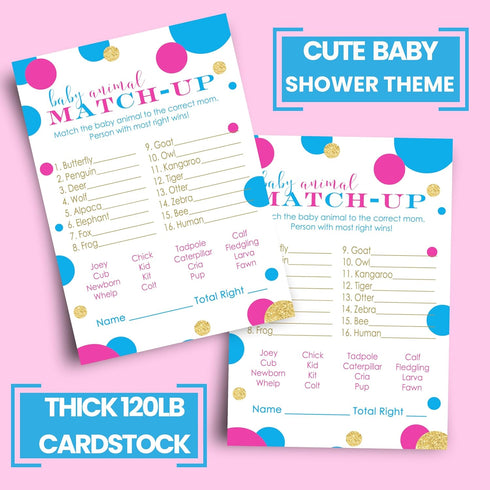 Baby Shower Animal Matching Games - 25 Pack - Fun Guessing Gender Neutral Party Game Cards - Boy or Girl Favors, Pink and Blue, 4x6...