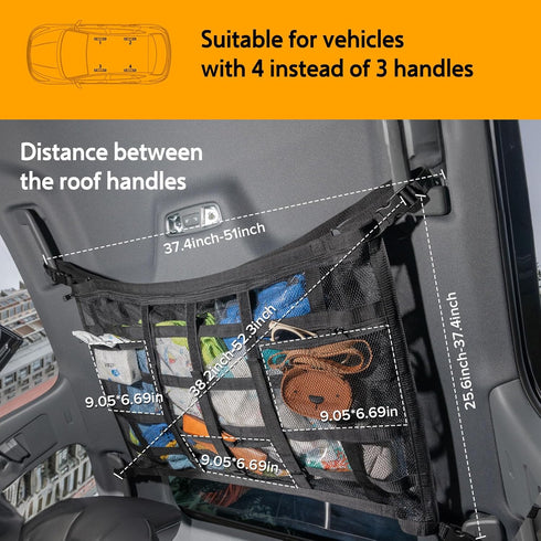 Car Ceiling Cargo Net with 3 Pockets,31.5"x21.6" Reduce Sagging Car Storage Mesh Organizer,Double Layer Roof Mesh Camping Overlanding Gear Must Ha...