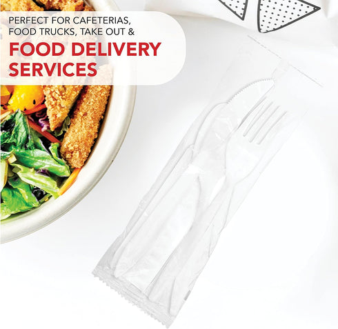 Party Essentials Individually Wrapped Plastic Cutlery Packets/Silverware Kits, White Fork/Spoon/Knife/Napkin, 100 Sets...