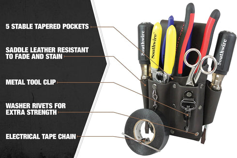Southwire POUCH4 Leather Tool Pouch; 5 Pocket Pouch with Electrical Tape Chain; Fade Resistant; Durable Compartments; Washer Rivets; Includes Meta...