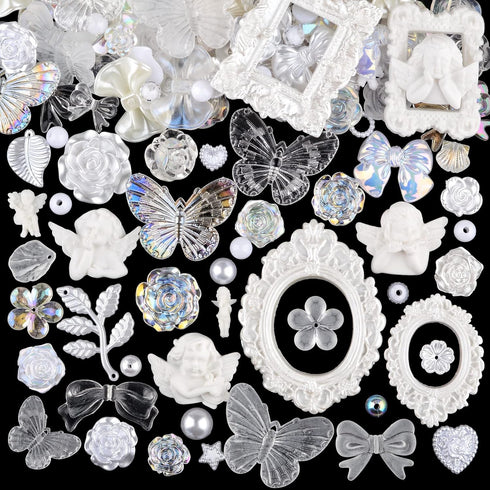 kikonoke 350 Pieces 3D Resin Rose Flower Bows Butterfly Embellishments Angel Charms Picture Frame with Flatback Pearl Beads for Craft DIY Making S...