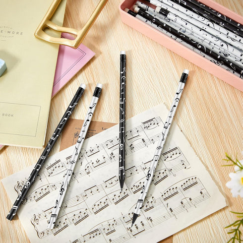 Music Note Pencils Music Pencils Music Themed Pencils Kids Musical Pencils Round White Black Pencils Woodcase Pencils with Eraser for School Offic...