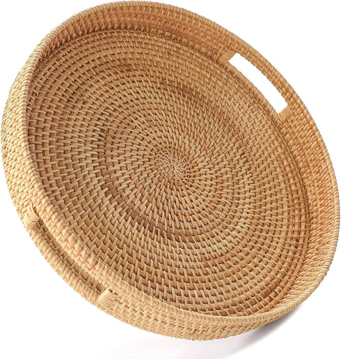 HITOMEN 11.8'' Hand-Woven Round Rattan Serving Tray Decorative Wicker Trays with Handles for Coffee Table (Natural-M)...
