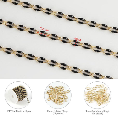 KYUNHOO 13 Feet/4M Gold Plated Brass Jewelry Making Chain Spool Black Oil Drip Enamel Chain Necklace Large Lip Chain with Lobster Clasps Jump Ring...