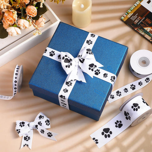 3 Rolls Paw Print Ribbon Gift Wrapping Dog Grosgrain Ribbon for DIY Crafts Bows Dog Pet Party Supplies Gift Wrapping Decoration, 15 Yards, White a...