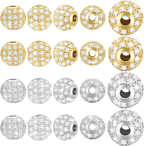 Hicarer 20 Pieces 8 mm Zirconia Cubic Beads, Round Rhinestone Bracelet Spacer Charms,Crystal Zirconia Stones, Ball Beads for Jewelry Making DIY(Wh...