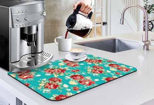 Coffee Bar Mat Accessories for Countertop Pioneer Flower Absorbent Hide Stain Rubber Backed Dish Drying Mats for Kitchen Counter Draining Pad Deco...