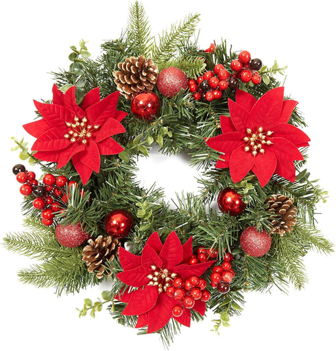 Adeeing 16 Inch Christmas Wreath, Outdoor Christmas Wreath with Red Artificial Poinsettia Flowers Ball Ornaments Pine Cones Berries for Door Wall ...