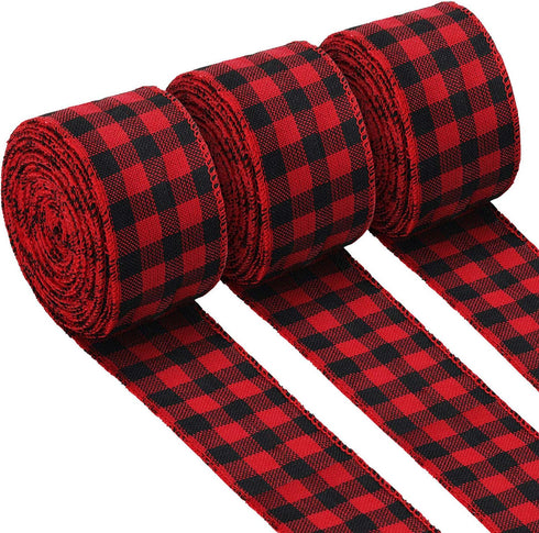 3 Rolls Buffalo Plaid Burlap Wired Ribbon Weave Ribbon with Wired Edge Bows Craft Decoration for Big Bow Wreath Tree Decoration Outdoor (Black and...