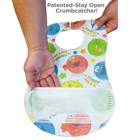 Sesame Street Large Disposable Bibs with Patented Crumb-Catcher, Leakproof Liner, and Reusable Fastener, Ages 6+ Months, 32 count...