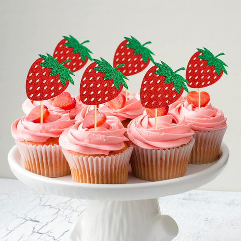 36 Pack Red Strawberry Cupcake Toppers Strawberry Theme Party Cupcake Picks for Birthday Wedding Party Baby Shower Summer Garden Party Decoration ...