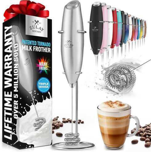 Zulay Kitchen Tornado Whisk Milk Frother Handheld - Coffee Frother Wand With Stand - Triple Whisk Hand Held Drink Mixer - Electric Stirrer Frothin...