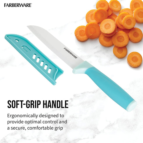 Farberware Ceramic 5- Inch Santoku Knife with Custom-Fit Blade Cover, Razor-Sharp Kitchen Knife with Ergonomic, Soft-Grip Handle, Dishwasher-Safe,...