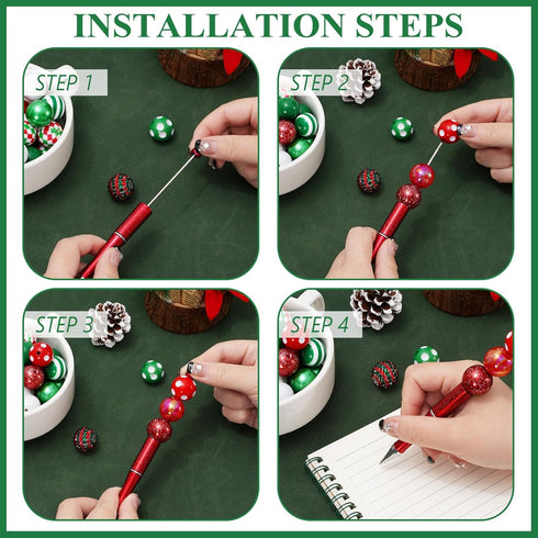 Whaline 15Pcs Christmas Beadable Pen Red Green Silver Bead Ballpoint Pen Gel Ink Pen with 50Pcs Colorful Beads 100Pcs Rhinestone Beads for Xmas DI...