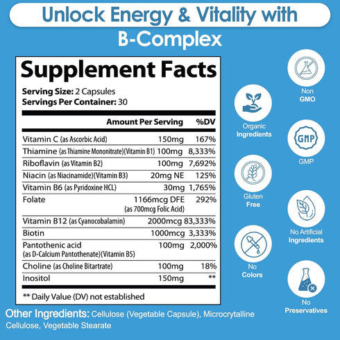 Vitamin B Complex with Vitamin C - B Complex Vitamins for Men and Women, 11-in-1 B-Complex for Brain & Energy Support, Immune & Nervous System Sup...