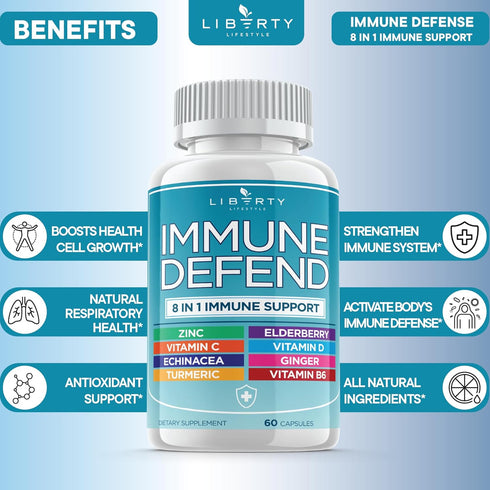 8 in 1 Immune Defense Support, Immunity Capsules Supplement Booster with Echinacea Zinc 50mg, Vitamin C, D3 5000 IU, Turmeric Curcumin & Ginger, E...