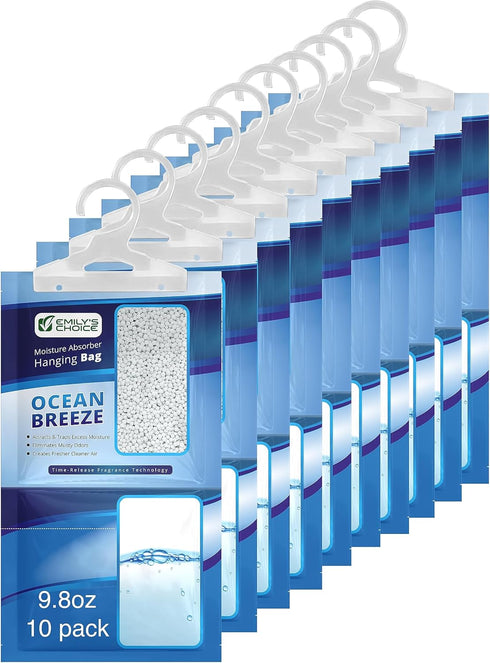 Ocean Breeze Hanging Moisture Absorber, 10 Pack - Eliminates Musty Odors for Fresher, Cleaner Air, Ideal for Closet, RV, Boat,Large 16oz / 500ml C...