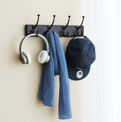 SONGMICS Wooden Wall Mounted Coat Rack 16 Inch Rail with 4 Metal Hooks for Entryway Bathroom Closet Room Dark Brown...