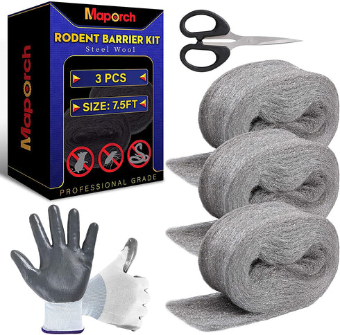 MAPORCH Steel Wool for Mice Control - 3 Pack, 3.2"x7.5 ft Wool, Gap Filler for Home & Garage, DIY Bundle with Gloves & Scissors...