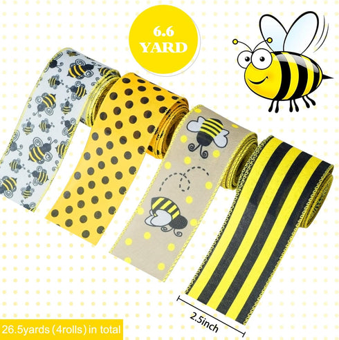 Bee Ribbon Wired Edge Ribbon Bumble Bee Polka Dot Yellow Wreath Ribbon 4 Rolls 26 Yards Honey Bee Ribbon for Bow Wrapping Making Crafts Easter Dec...