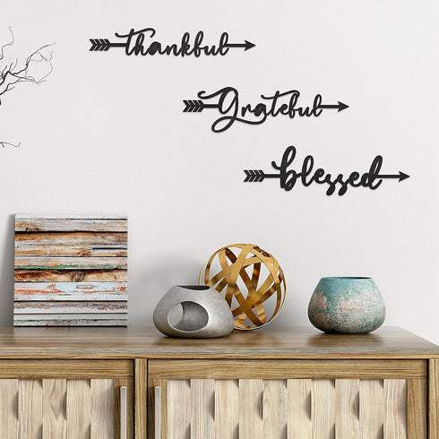Yookeer 3 Pcs Thankful Grateful Blessed Letter Sign Wood Cutout Sculptures Arrow Signs Wall Decor Black Letters Rustic Wall Art for Home Bathroom ...