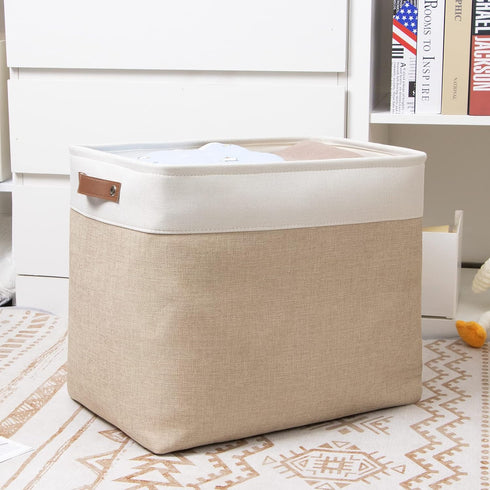 DULLEMELO Large Collapsible Storage Basket/Bin with Sturdy Leather Handles, Fabric Organizer Bin for Storage Clothes, Toys, Books, Office, Bedroom...