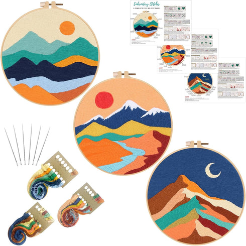 Louise Maelys 3 Set Landscape Embroidery Kits for Beginners,Cross Stitch Kit for Adults,DIY Needlepoint Kits with Mountain sun moon pattern...