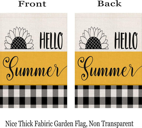 Hello Summer Sunflower House Flag 28x40 Inch Double Sided Black and White Buffalo Check Plaid Outdoor Flags Yellow Floral Farmhouse Decorations Ho...