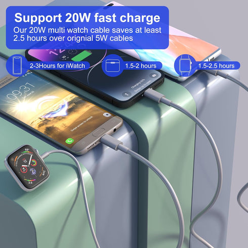 Travel 4-in-2 Watch & Phone Charger, iWatch Charger Fast Charging Cable Compatible with Apple Watch, iPhone, Galaxy, Pixel, Android, Watch, Pods &...