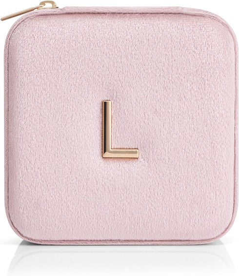 Vlando Small Travel Jewelry Box Organizer Display Case for Rings Earrings Necklaces Storage, Selected Soft Velvet, Letter L Engraved, Pink...