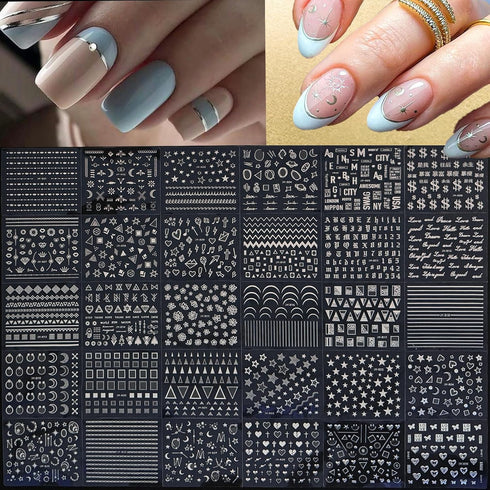 90 Sheets Silver Nail Art Stickers Holographic Laser Silver Nail Decals 3D Self Adhesive Nail Stickers for Nail Art Designs Star Line Flower Nail ...