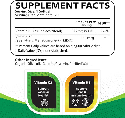 Vitamin K2 + D3 (120 Softgels) - Vitamin D3 K2 Supplement - Supports Cardiovascular & Bone Health - Non-GMO - Allergen-Free - 120 Softgels...