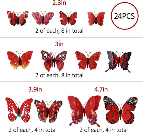 24PCS Butterfly Wall Decals Removable 3D Butterflies Decor for Wall Sticker Mural Stickers Home Decoration Kids Room Bedroom Decor (Double Layer-R...