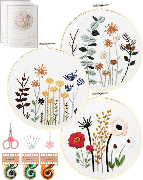Santune 3 Sets Embroidery Kit,Cross Stitch Kits for Beginners,Needlepoint Kits for Adults with Easy Stamped Floral Pattern Fabric Hand Crafts,Hoop...