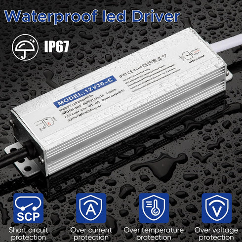 Waterproof IP67 LED Driver Power Supply 12V 36W 3A, 110V AC to 12V DC Converter, Ideal for Indoor and Outdoor, Marine, and Industrial LED Lighting...