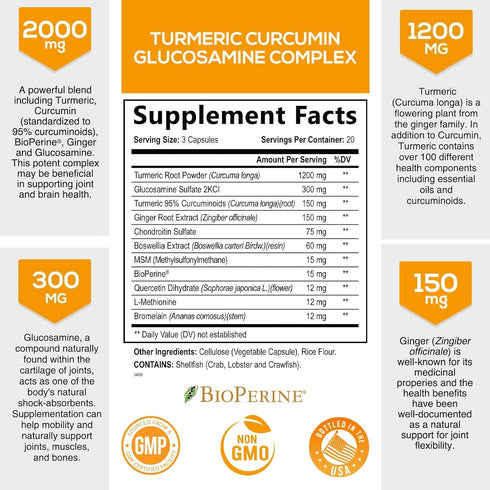 Turmeric Curcumin with BioPerine, Ginger & Glucosamine 95% Curcuminoids 2000mg Black Pepper for Max Absorption Joint Support, Nature's Tumeric Her...